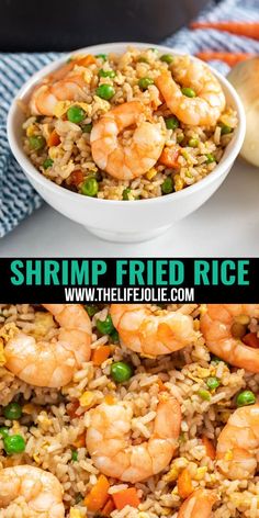 shrimp fried rice with peas and carrots in a white bowl