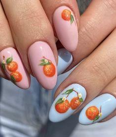 Nail Art Oranges, Strawberry Nail Art Design, Berry Nail Art, Cmbyn Nails, Orange Fruit Nail Art, Nails With Oranges Fruit, Peach Fruit Nails, Orange Blossom Nails, Clementine Nails