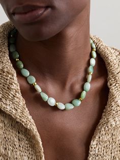 JIA JIA's stones are selected based on their natural beauty and spiritual meaning - the mismatched jade on this necklace represent protection and self-love. It's interspersed with polished gold beads and has a coordinating clasp fastening, which can be adjusted to a comfortable drop. Jade Beaded Necklace, Rhodochrosite Necklace, Morganite Necklace, Green Pendant Necklace, Jade Bead Necklace, Pave Necklace, Jade Crystal, Stay Golden, Flat Dress Shoes