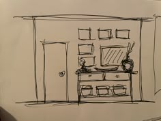 a drawing of a living room with an open door to another room and a dresser in the corner