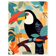 a toucan bird sitting on top of a tree branch in front of leaves