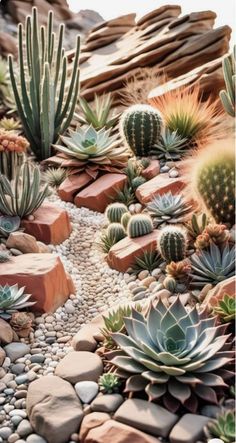 many different types of cactus plants and rocks