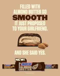 an advertisement for snickels peanut butter with almonds in the middle and chocolate on the bottom