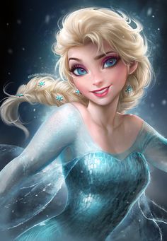 a frozen princess with blue eyes and blonde hair is holding her hand out to the side