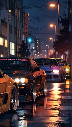 a group of cars parked on the side of a wet street at night with city lights in the background