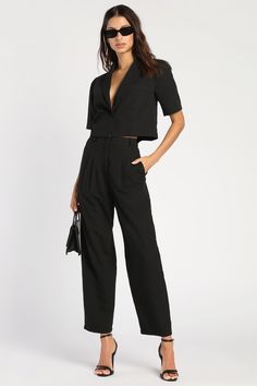 The Lulus Posh Company Black Pleated High-Waisted Trouser Pants will take your confidence levels to new heights! These dress pants are composed of woven fabric that shapes a pleated high-rise silhouette (with elastic at the back for fit), belt loops, a fabric-covered top button, and a hidden zip-fly. Relaxed, straight pant legs with side seam pockets end at ankle-length hems. Pair with the matching blazer for a complete look! Fit: This garment fits true to size. Length: Ankle length. Size medium Black Dress Pants Outfits, High Waisted Trouser Pants, Black High Waisted Pants, Dress Pants Outfits, Jumpsuit For Wedding Guest, High Waisted Pants Outfit, Lulu Fashion, Black Dress Pants, Work Attire