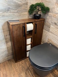 a toilet and cabinet in a bathroom with wood flooring next to a stone wall