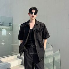 Black Outlined Short Sleeves Shirt | Jungkook - BTS Black L Trendy Black Tops With Pockets, Black Urban Tops With Pockets, Urban Black Tops With Pockets, Black Urban Top With Pockets, Urban Black Top With Pockets, Black Shirt With Pockets For Work, Modern Black Summer Shirt, Black Shirt For Spring Streetwear, Black Shirt For Workwear In Summer