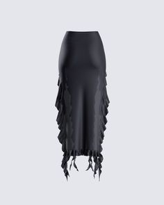 Owning an entire room has never been easier 😏 Rock your darker side with this sultry black jersey skirt. Complete with a high-waisted fit, shirring at the waist and hips, and front cutout detailing with a cascading ruffle hem 🖤 Black Ruched Bottoms For Evening, Black Ruched Maxi Skirt For Summer, Chic Black Draped Skirt With Gathered Detail, Black Ruched Long Skirt, Black Ruched Maxi Skirt For Evening, Black Stretch Elastane Maxi Skirt, Black Fitted Ruched Maxi Skirt, Fitted Ruched Black Maxi Skirt, Rock Style Stretch Bottoms For Night Out