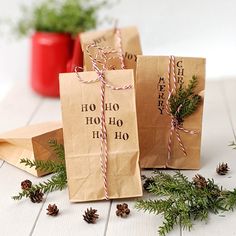 three brown paper bags tied with twine and pine cones are sitting on a white table