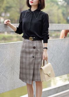 French Grey High Waist Asymmetrical Plaid Cotton Skirts FallFabric: Cotton BlendedSize & Fit: This garment fits true to size.Length: Size sj measures 22.035"from waist to hem.Waist:Fitted - very fitted at natural waist Hip: Loosely Fitted. room for hips. Hand Wash Cold.