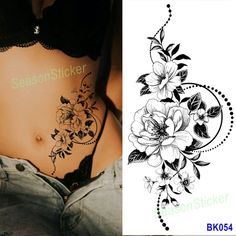 a woman's stomach with flowers and the words season sticker on her side