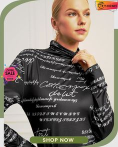 Daily Long Sleeve Regular Fit Text Letters Turtleneck T-shirt Fitted Long Sleeve T-shirt With Text Print, Stretch Tops With Text Print For Fall, Fitted Black Top With Name Print, Stretch Top With Text Print For Fall, Spring Black T-shirt With Name Print, Fitted Tops With Name Print For Spring, Fitted Spring Tops With Name Print, Fitted Top With Name Print For Spring, Printed Stretch T-shirt For Fall