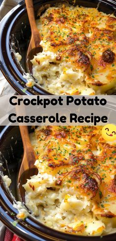 crockpot potato casserole recipe in two black bowls with wooden spoons