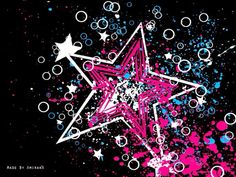 a star with bubbles and stars in the middle on a black background that has pink, blue, and white splats all over it