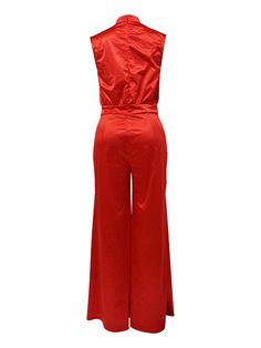 Material: 90-95% Polyester Sleeveless High Neck No Belt Wide-Leg Pants One-Piece Design Solid Color Casual Solid Color Sleeveless Pantsuit, Sleeveless Solid Color Workwear Pantsuit, Solid Sleeveless Pantsuit For Work, Casual Sleeveless Pantsuit For Party, Sleeveless Fitted Spring Pantsuit, Fitted Sleeveless Spring Pantsuit, Fitted Sleeveless Pantsuit For Spring, Casual Fitted Sleeveless Pantsuit, Sleeveless Fitted Jumpsuits And Rompers For Work