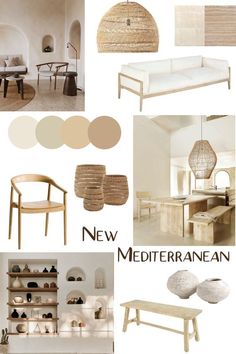 a collage of neutrals and white furniture with the words new mediterraneanan on it