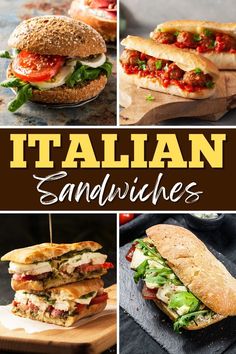 italian sandwiches with meat, cheese and lettuce on them are shown in this collage