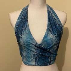 Sexy Snake Print In Blue. Halter Top Crop. Stretchy Size 10 ( M) I Also Have A Size 12 (L) Feel Free To Make An Offer Blue V-neck Halter Top For Spring, Blue Y2k Style Crop Top For Summer, Y2k Style Blue Crop Top For Summer, Blue Y2k Style Summer Crop Top, Chic Blue Triangle Halter Top, Fitted Y2k Blue Tops, Fitted Blue Y2k Tops, Fitted Blue Y2k Style Tops, Blue Club Tops For Spring