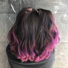 Purple And Blue Ends Of Hair, Short Brown Hair With Purple Tips, Tips Of Hair Dyed Purple, Hair Dyed At The Ends, Purple Dip Dye Hair Brunette, Brown Hair Purple Ends, Shoulder Length Hair Dye Ideas, Hair Color Ends Dip Dyed, Dyed Hair Ends Tips