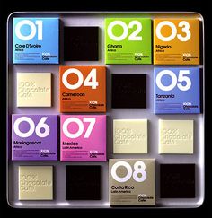 an assortment of chocolates with numbers on them in a display case, including the number one