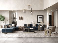 a living room filled with lots of furniture next to a tall ceiling light above a coffee table