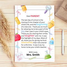 a card with the words dear parent on it next to a pen and some other items