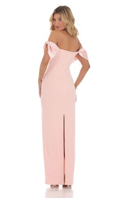 Off Shoulder Bow Sleeve Maxi Dress in Pink Pink Dresses For Birthday, Baby Pink Gown, Dresses For Formal Events, Light Pink Bridesmaid Dresses, Pink Bow Dress, Baby Pink Dresses, Prom Dress Inspo, Sleek Dress, Blush Pink Dresses