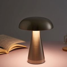 a table lamp sitting on top of a desk next to an open book