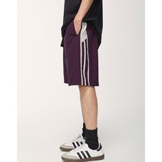 Sports Color Contrast Elastic Waist Wide Leg Casual Pants Material: 100% Nylon Size: S, M, L, XL, 2XL Color: Purple, Black Applicable Season: Spring, Summer Casual Streetwear Shorts With Side Stripes, Casual Nylon Bottoms With Elastic Waistband, Casual Short Bottoms With Side Stripes, Purple Bottoms With Elastic Waistband For Streetwear, Nylon Parachute Pants With Relaxed Fit, Casual Parachute Pants With Elastic Waistband For Workout, Casual Nylon Bottoms With Elastic Side Panels, Sporty Nylon Parachute Pants With Relaxed Fit, Sporty Short Pants With Elastic Waistband