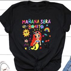 New In Black Maana Sera Bonito Girls T-Shirt Fun And Pretty Playful Black T-shirt With Character Print, Cute Black T-shirt With Screen Print, Cute Black T-shirt With Text Print, Playful Black T-shirt With Graphic Print, Playful Black Crew Neck T-shirt, Trendy Black T-shirt With Cartoon Print, Playful Black T-shirt With Funny Print, Cute Black T-shirt With Graphic Print, Fun Black T-shirt With Front Print