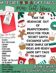 a christmas gift tag with the words, 12 secret santa gifts