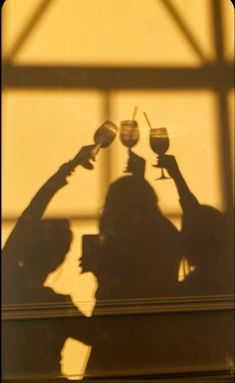 the shadow of two people holding wine glasses in front of a window with their hands up