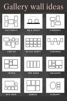 the gallery wall ideas poster is shown in black and white, with different types of frames