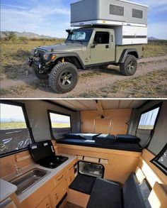 the interior and exterior of an off road camper in two different pictures, one with a bed on it