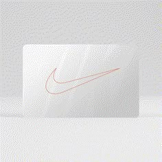 a white business card with an orange nike logo on the front and back side, against a gray background