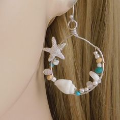 Silver Wire French Hook Earrings With Shells, Turquoise & Pearl Beads, And Silver-Tone Starfish. Adorable And Perfect For Summer! Ocean Beach Jewelry Shell Pearl Beads Handmade Sea Shell Earrings, Wire Wrap Earrings, French Hook Earrings, Summer Ocean, Diy Jewlery, Wrap Earrings, Seashell Jewelry, Earring Ideas, Wire Wrapped Earrings