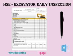 an excavator daily inspection sheet with a pen next to it and the text hse - excavator daily inspection