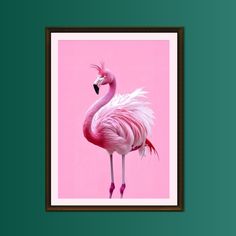 a pink flamingo is standing in front of a green wall with a brown frame