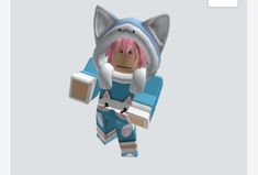 an animal with pink hair and blue pants holding a book in its hands, while wearing a hoodie