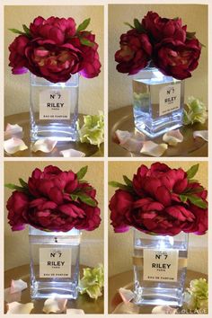 four pictures of flowers in a vase with labels on the top and bottom, along with instructions for how to make them