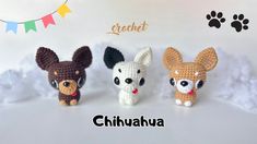 three small crocheted animals sitting next to each other in front of a white background