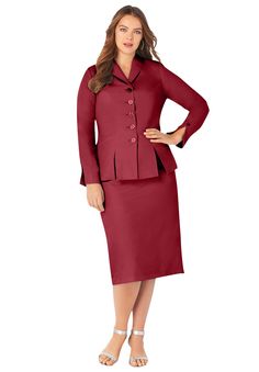 This energetic set will wow everyone at the office. A long shawl collar jacket with two front buttons tops a pull-on sheath skirt with button-trimmed pockets. It's an instant matching look that makes getting dressed for work a snap. Jacket: 27.5" length; skirt: 26" length. Petite jacket: 25.5" length; Petite skirt: 24" length.Poly/rayon/spandexMachine washImported | Plus Size Women's Two-Piece Skirt Suit with Shawl-Collar Jacket by Roaman's in Rich Burgundy (Size 32 W) Shawl Collar Jacket, Long Pencil Skirt, Dress Pant Suit, Long Shawl, Sheath Skirt, Plus Size Petite, Skirt With Buttons, Plus Size Two Piece, Rich Burgundy