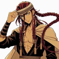 an anime character with long braids on his head and one hand up to his ear