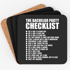 the bachelor party checklist coasters are set of four in black and white with cork backing