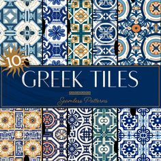 the cover of greek tiles by james pattens, featuring blue and orange tile designs