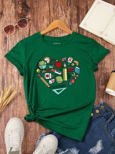 Green Casual Collar Short Sleeve Knitted Fabric Graphic,Letter  Embellished Medium Stretch All Women Clothing