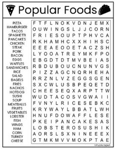 the word search for popular foods is shown in this printable puzzle game, which includes words and pictures