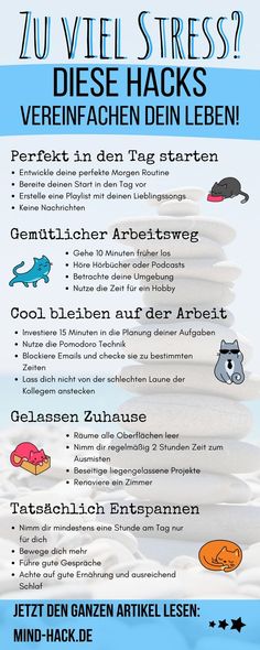 Zu viel Stress - Diese Hacks vereinfachen dein Leben Infografik - Egal ob Morgen Routine, Minimalismus oder auf der Arbeit - So kommst du stressfrei durch den ganzen Tag! - Anti-Stress-Hacks Wallpaper Food, Youtube Account, Mind Tricks, Work Life Balance, Life Balance, Eye Care, Better Life, Self Improvement, Health Tips