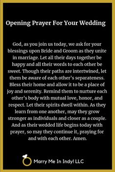 an open prayer card with the words,'opening prayer for your wedding '